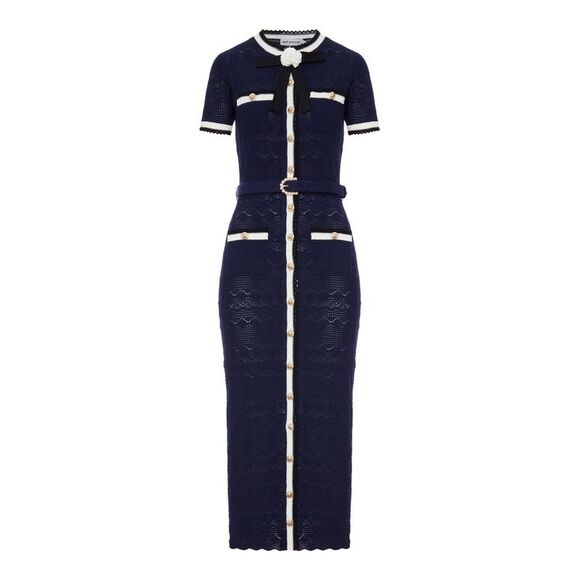SELF-PORTRAIT Dresses & Skirts - Self-Portrait Women Navy Blue Perforated Knit Midi Dress